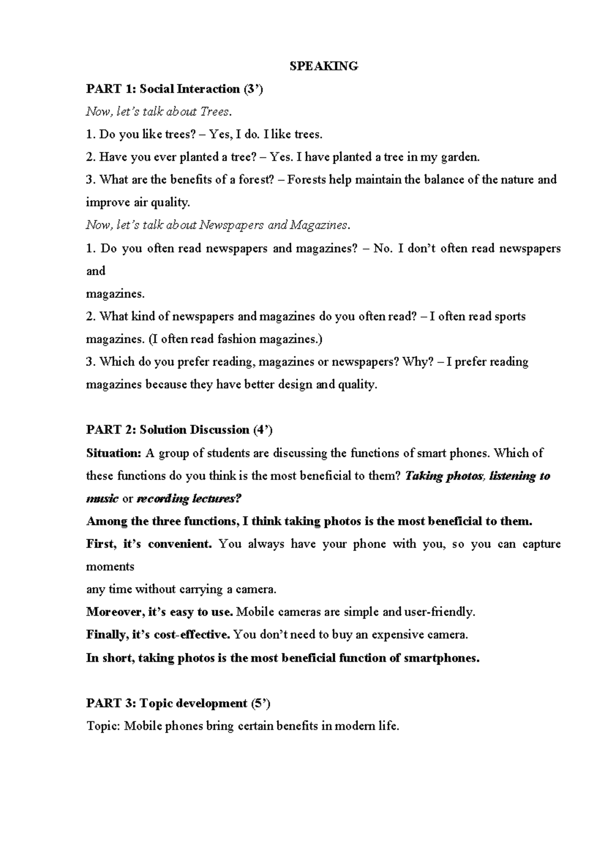 SPEAKING PART 1 & 2: Social Interaction & Topic Development Notes - Studocu