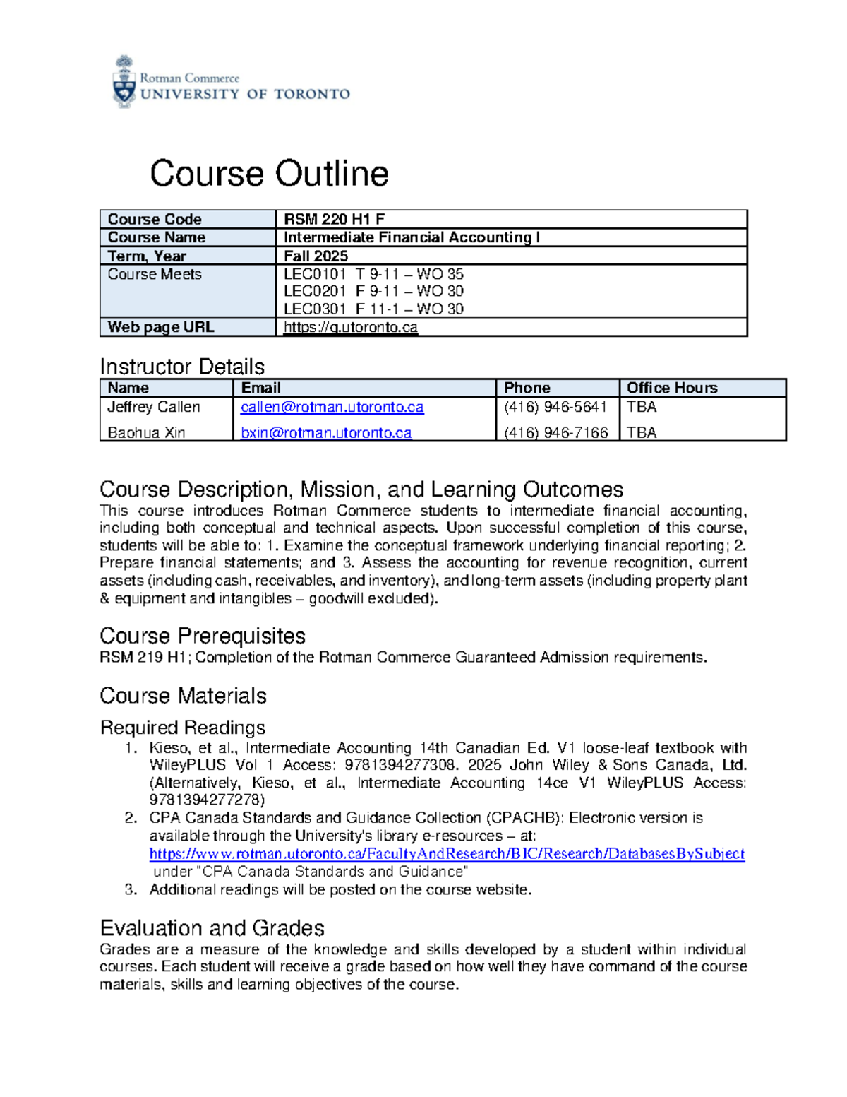 RSM 220 H1 F Course Outline: Intermediate Financial Accounting I Fall ...
