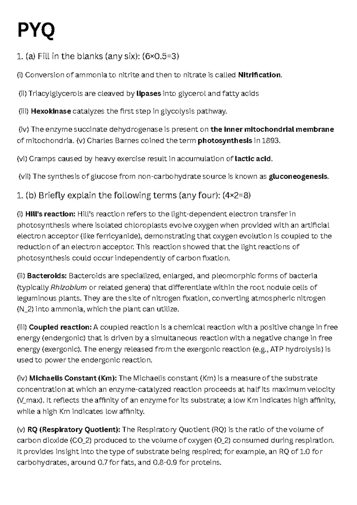 PYQ Biochem - Key Concepts in Enzyme Activity and Metabolism - Studocu