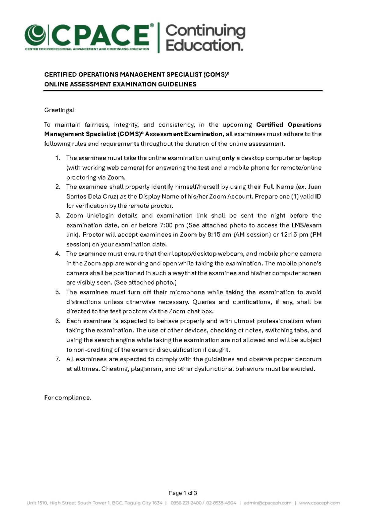 COMS 2023 Online Assessment Exam Guidelines for Examinees - Studocu
