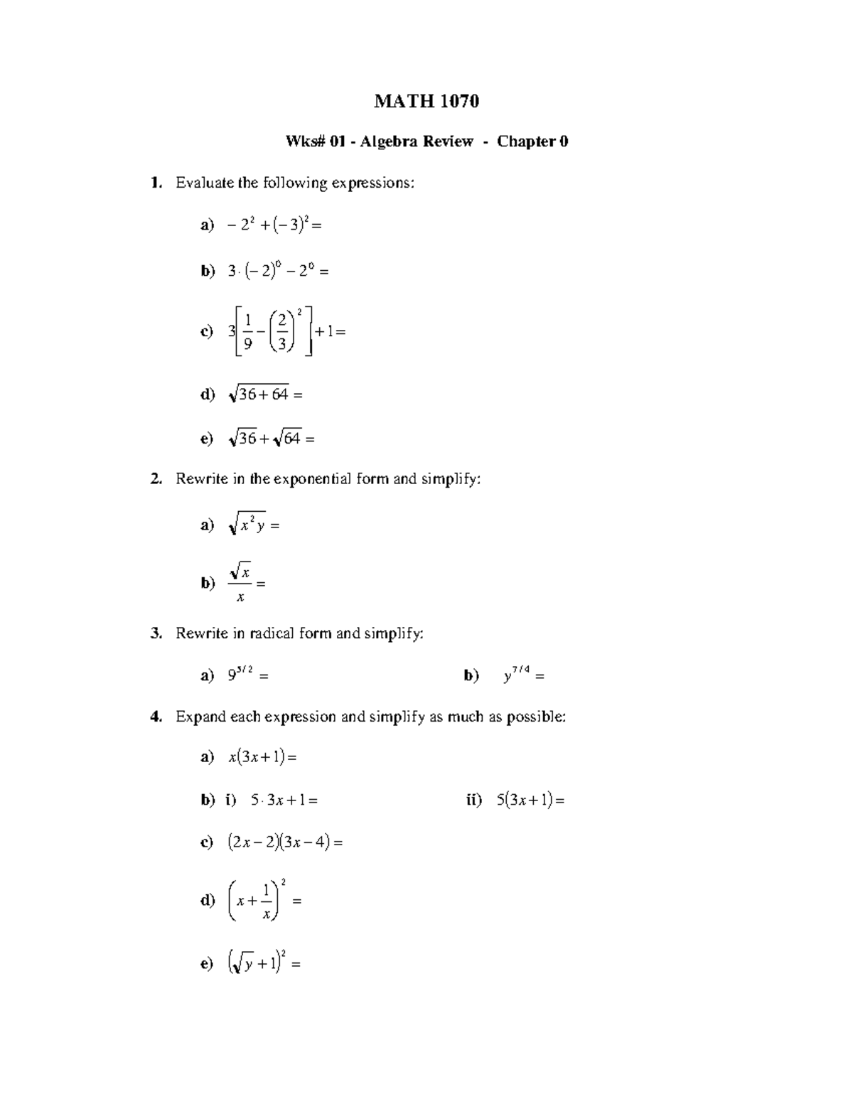 MATH 1070 Final Worksheets Review Package for Algebra and Functions ...