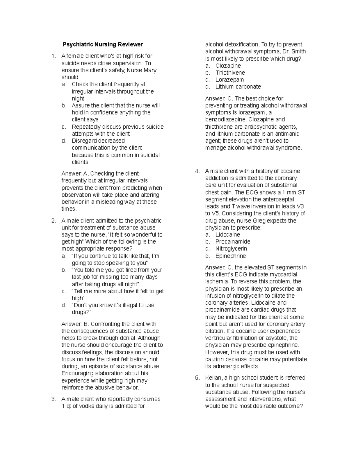 Psychiatric Nursing Practice Questions (PN 101): Rationale and Answers ...