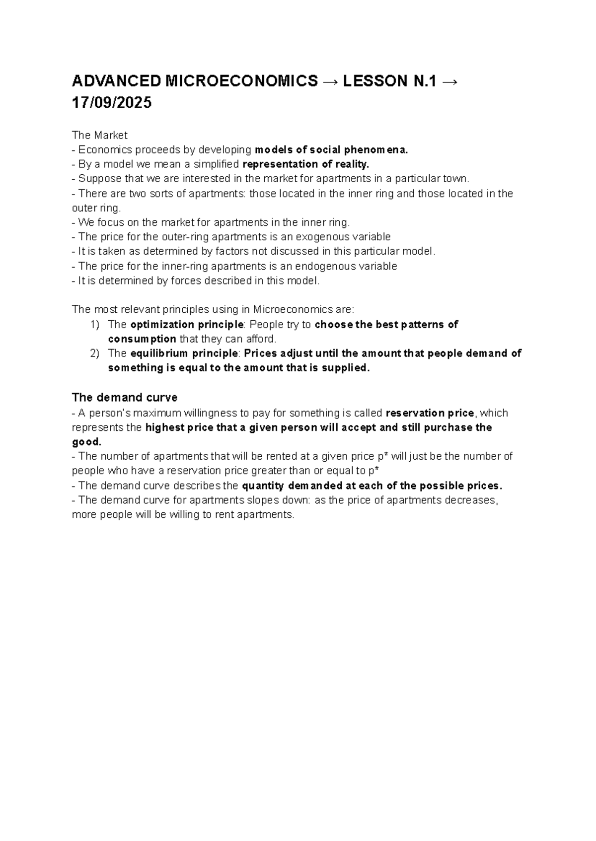 ADVANCED MICROECONOMICS LESSON 1: Market Economics & Consumer Theory ...