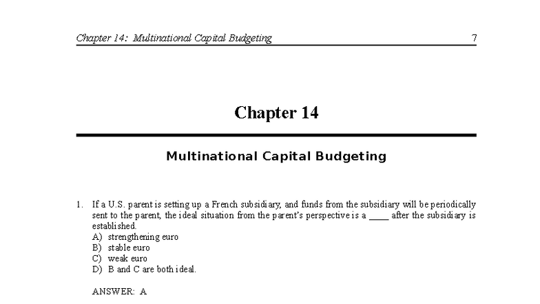 Chapter 14: Multinational Capital Budgeting - Test Bank - Studocu