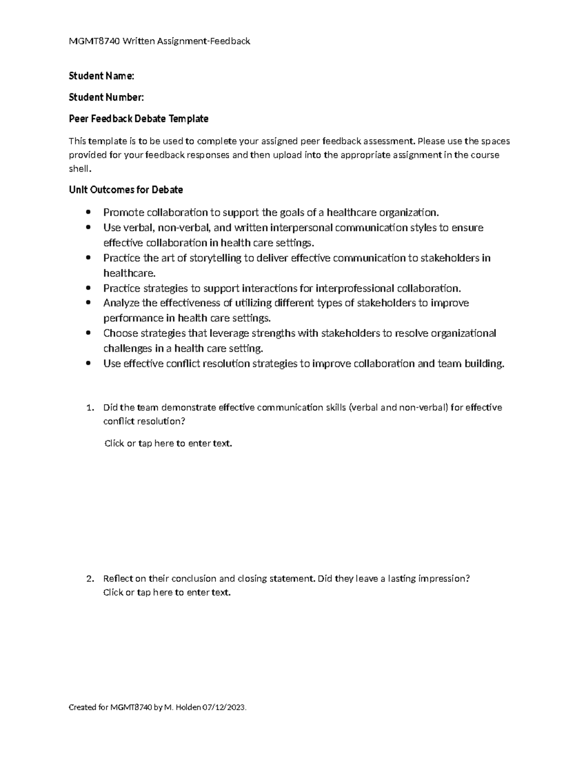 MGMT8740 Peer Feedback Template for Debate Assignment - Studocu