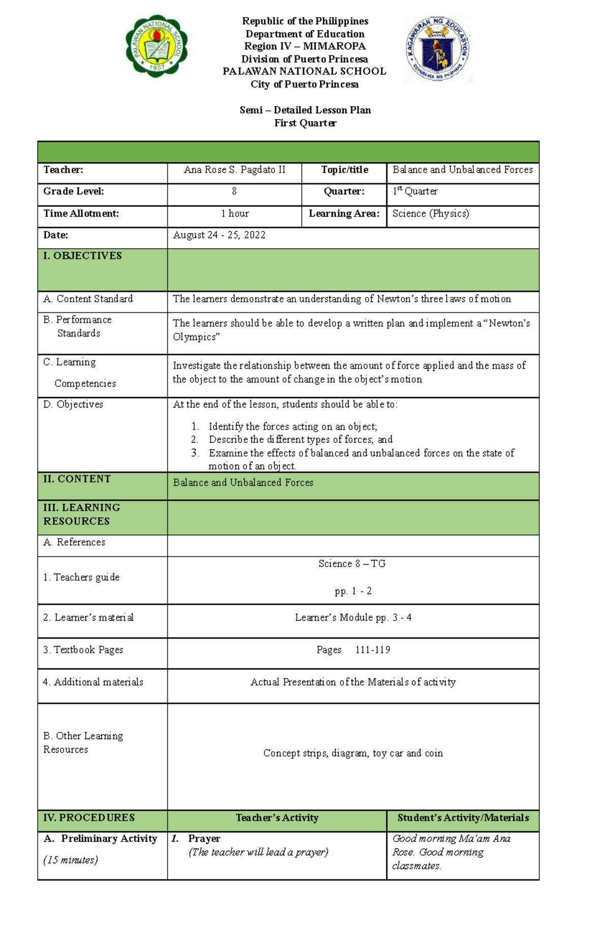 Semi-Detailed Lesson Plan: Balance & Unbalanced Forces (Sci 8, Q1, W1 ...