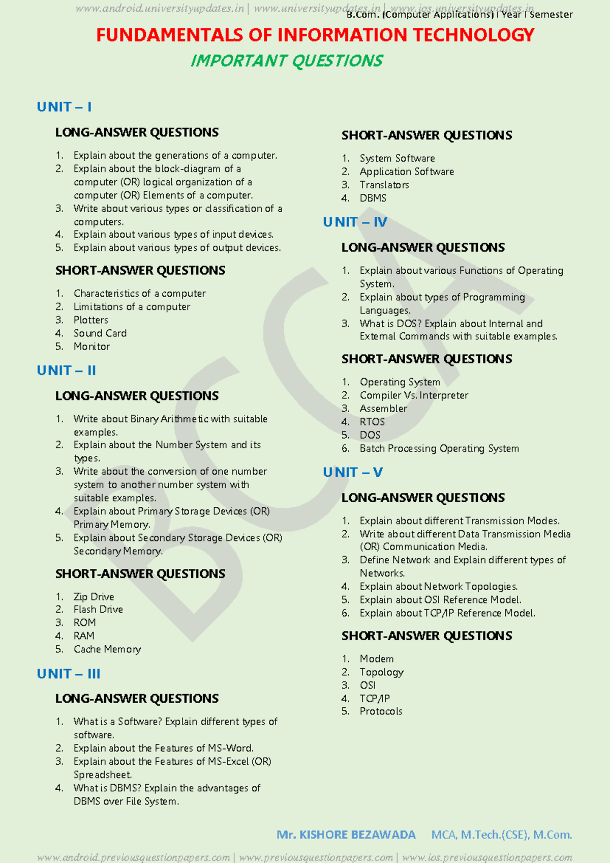 FIT B.Com I Year Sem I Important Questions and Answers Study Guide ...