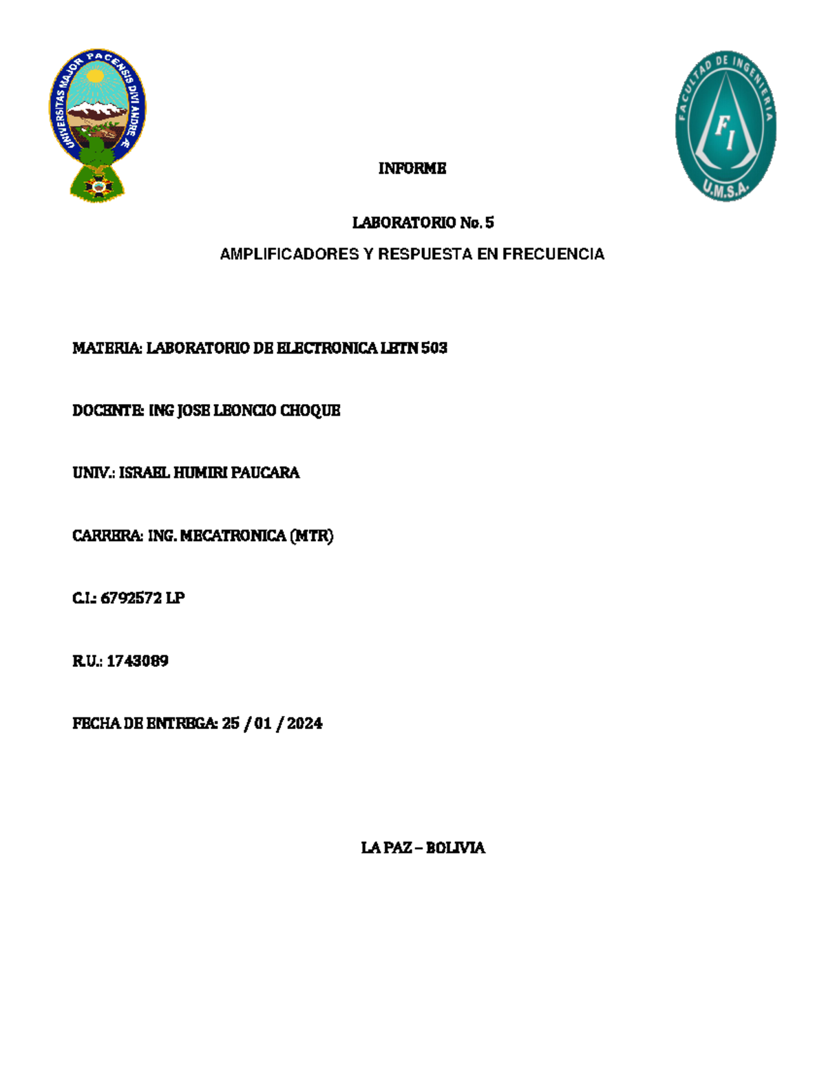 INF5 - INFORME LABORATORIO No. 5 AMPLIFICADORES Y RESPUESTA EN ...