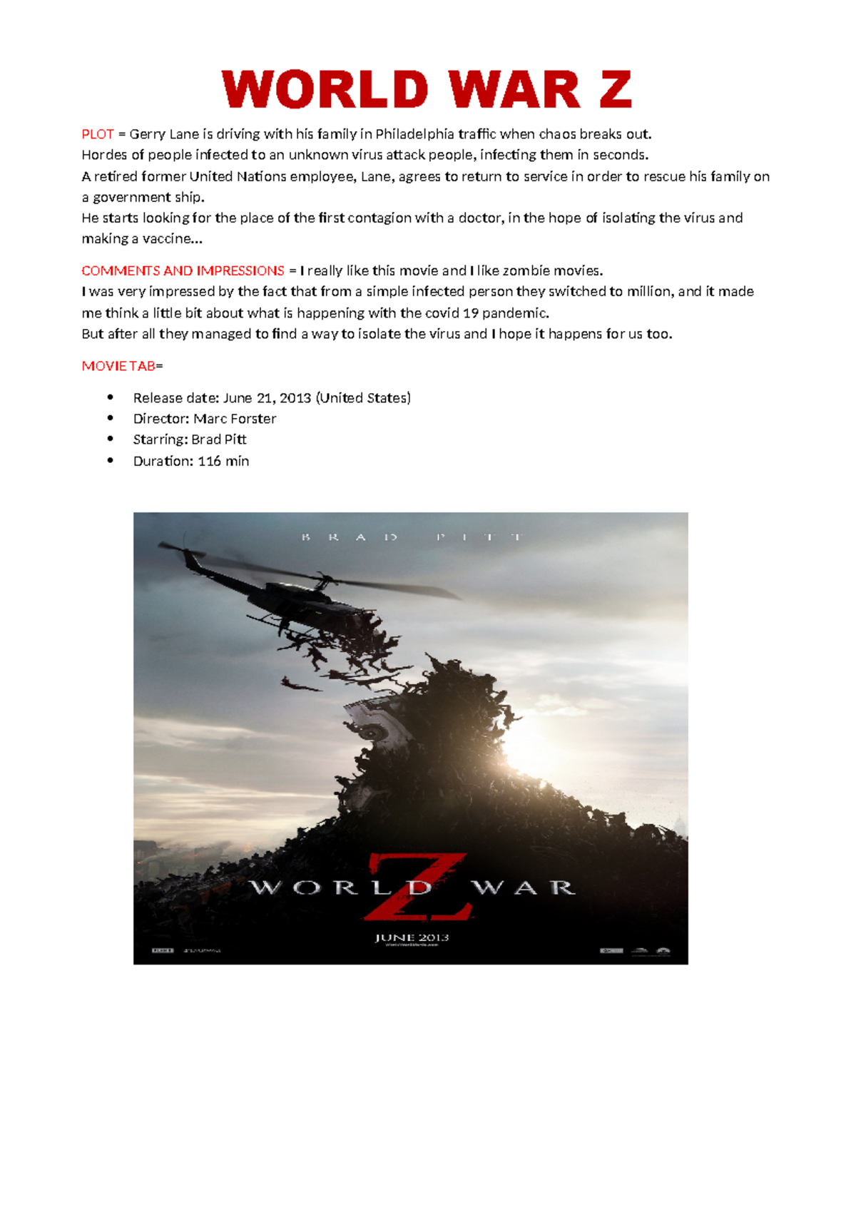 WORLD WAR Z - Plot Summary and Impressions - Studocu