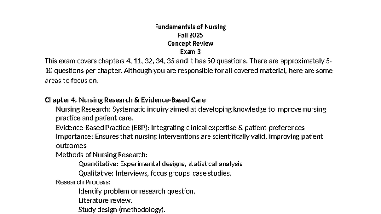 Fundamentals of Nursing F2025 Concept Review Exam 3 Guide - Studocu