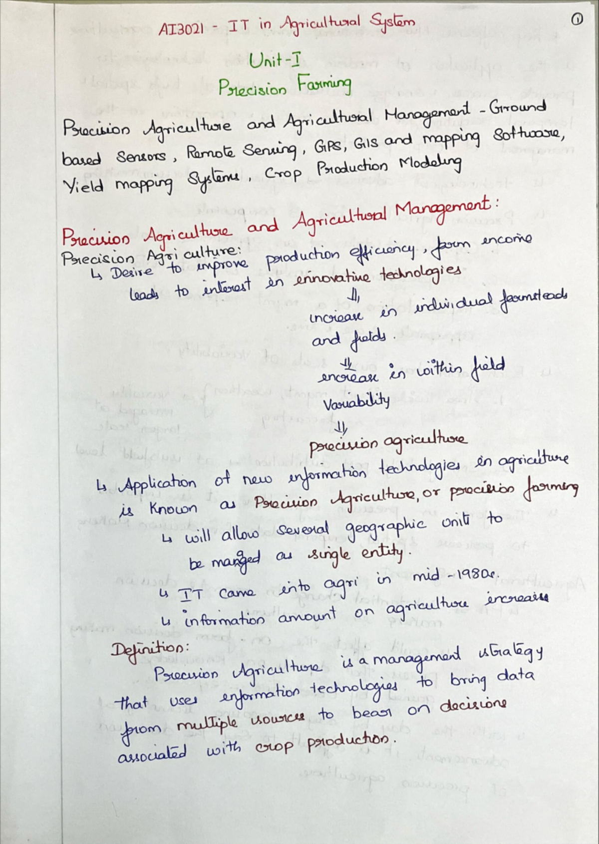 AI3021 Unit 1: Precision Agriculture and Agricultural Management Notes ...