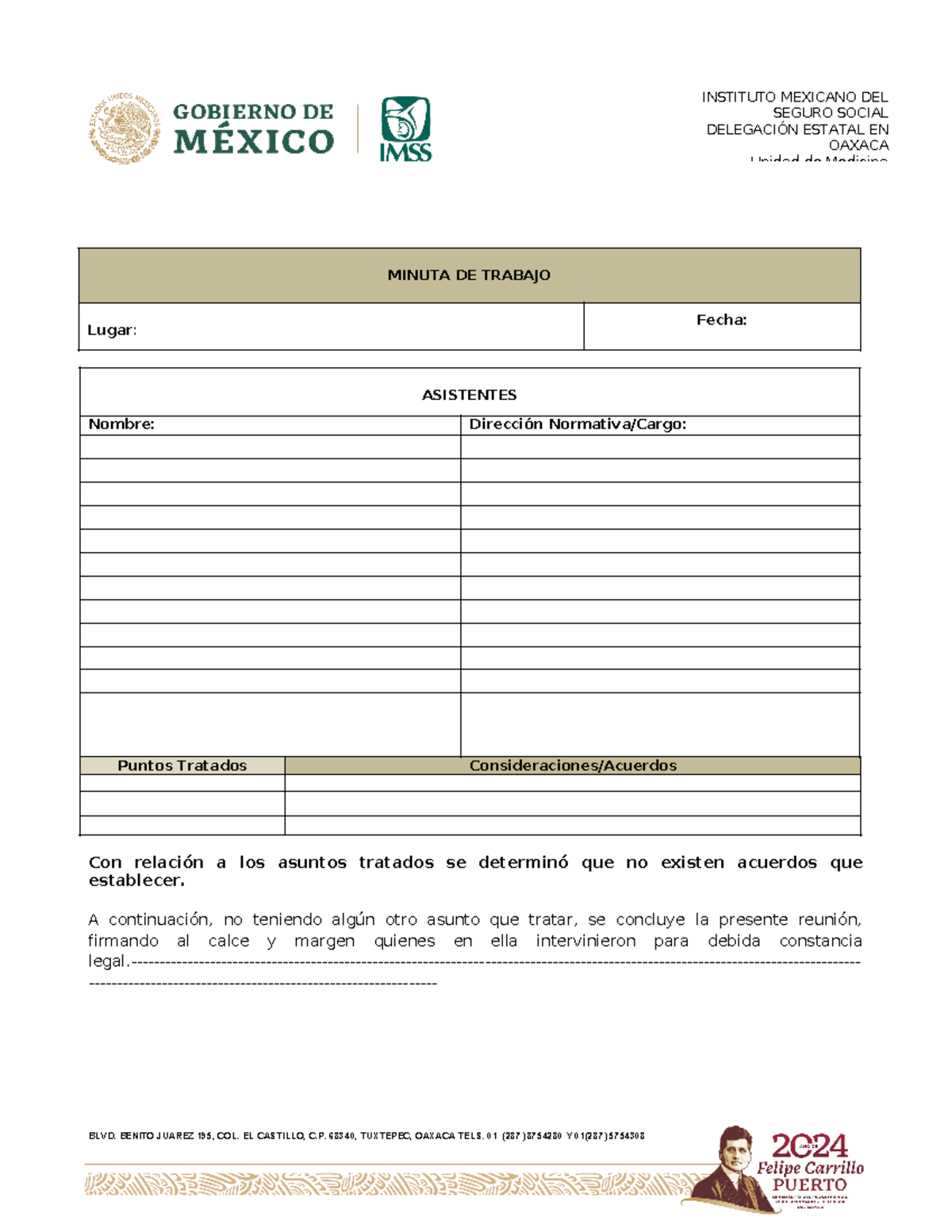IMSS-Minuta-2024: Formato para Minuta de Trabajo en Gobierno - Studocu