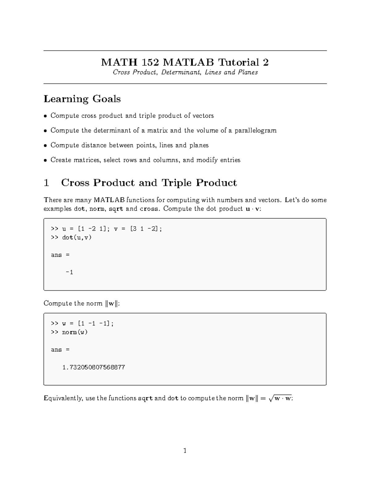 Tutorial 2 - MATH 152 MATLAB Tutorial 2 Cross Product, Determinant ...