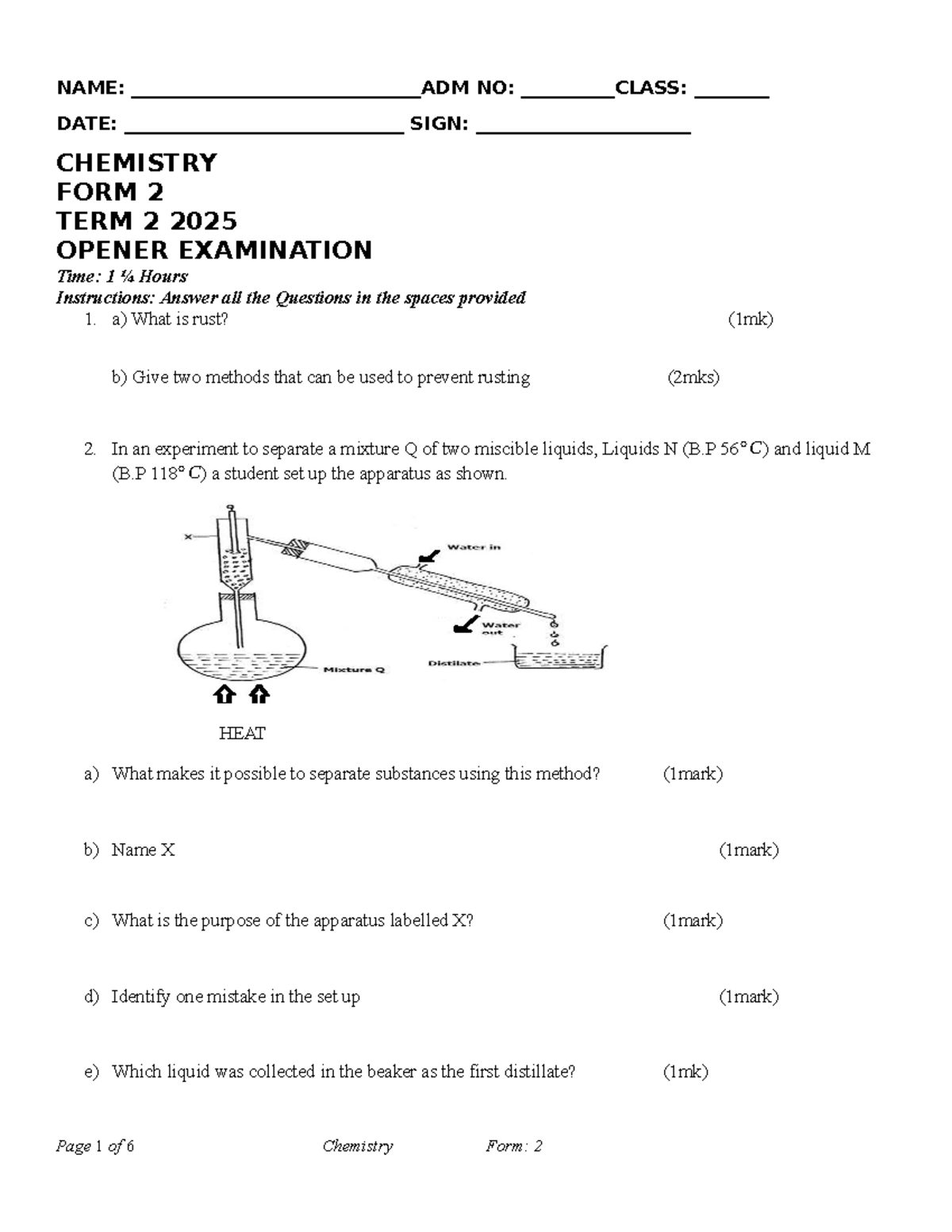 2025 CHEMISTRY F2 TERM 2 EXAM QUESTIONS - Studocu