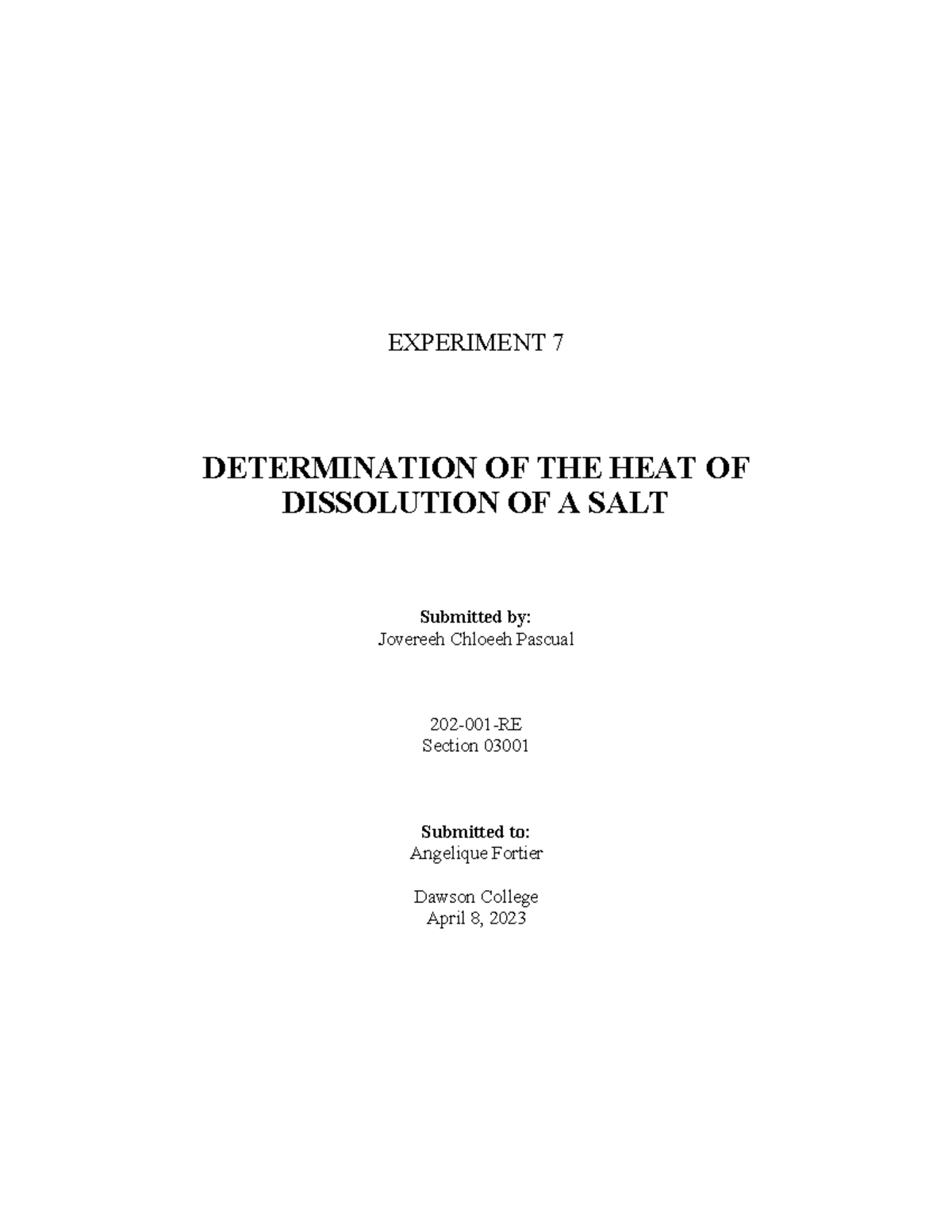Experiment 7 - Determination of the Heat of Dissolution of a Salt ...