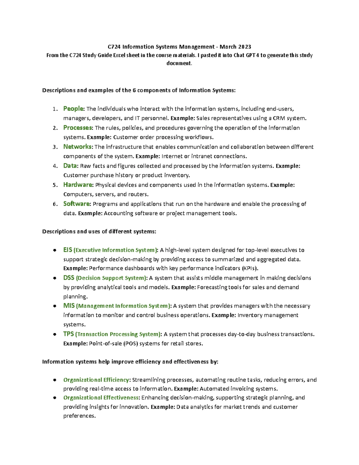 C724 Information Systems Management Study Guide - March 2023 - Studocu