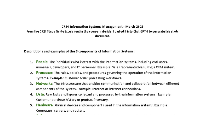 C724 Information Systems Management Study Notes - March 2023 - Studocu