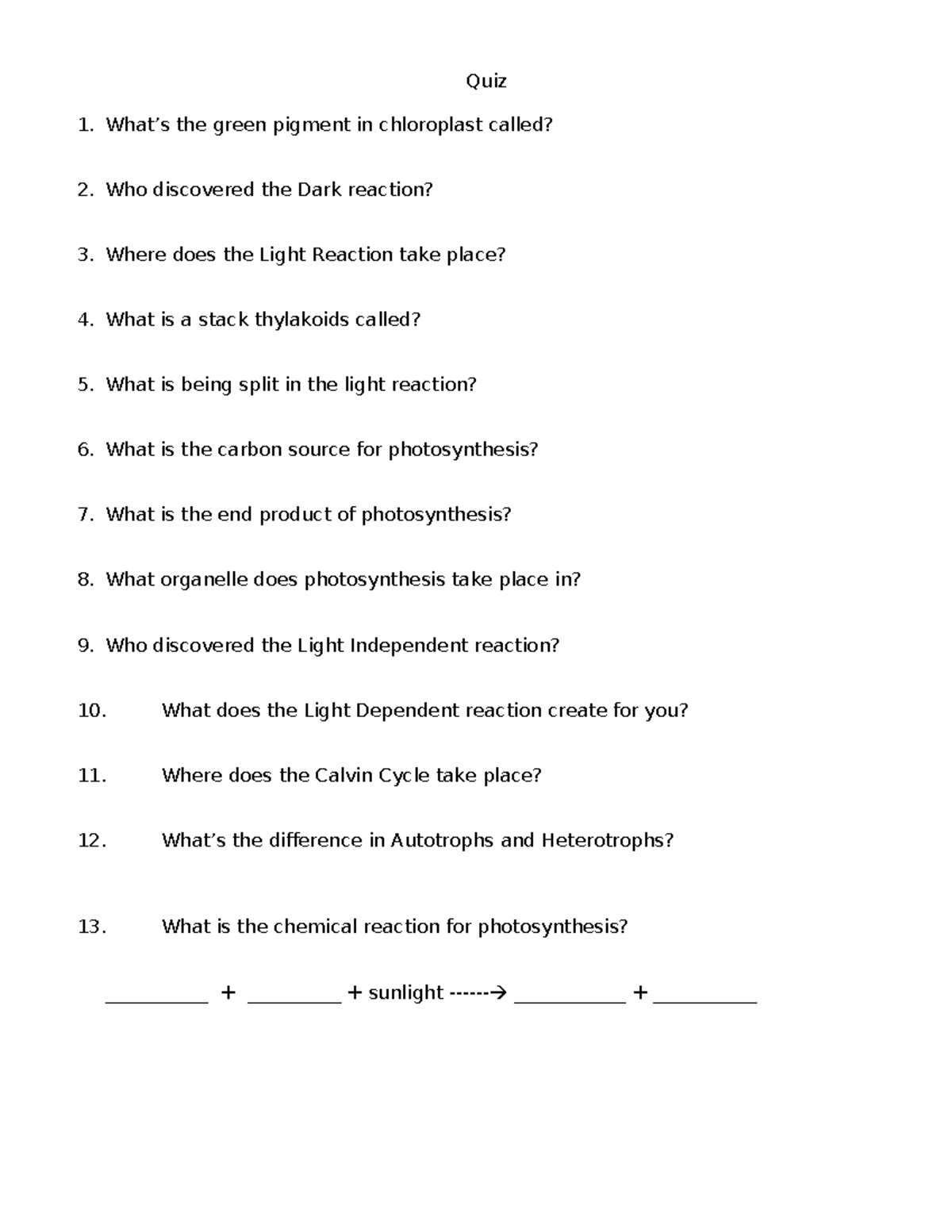 Photosynthesis Quiz: Key Concepts and Discoveries - Studocu