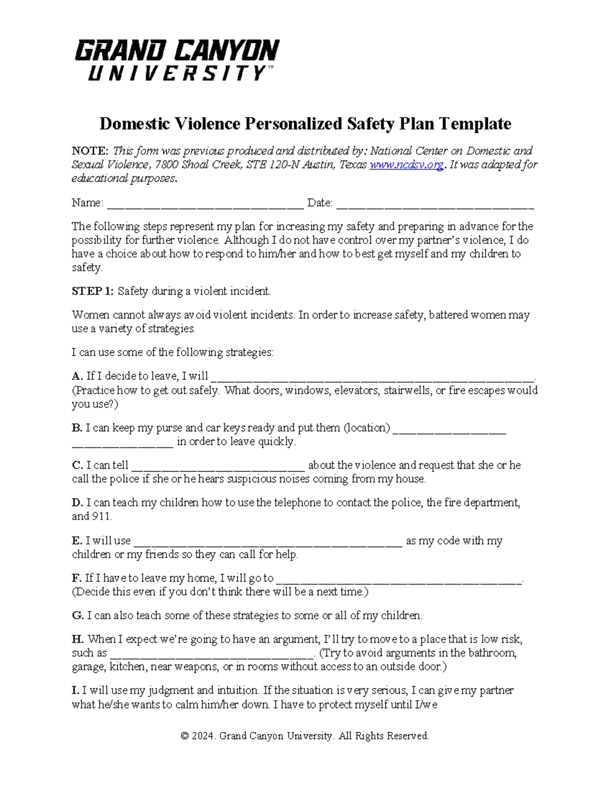 Domestic Violence Safety Plan Template - Strategies for Personal ...
