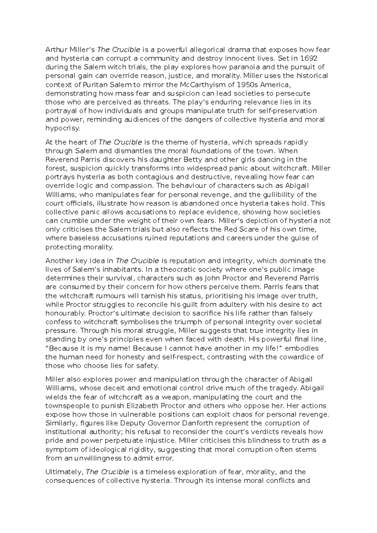 ENG 101: Analysis of Hysteria and Morality in The Crucible - Studocu