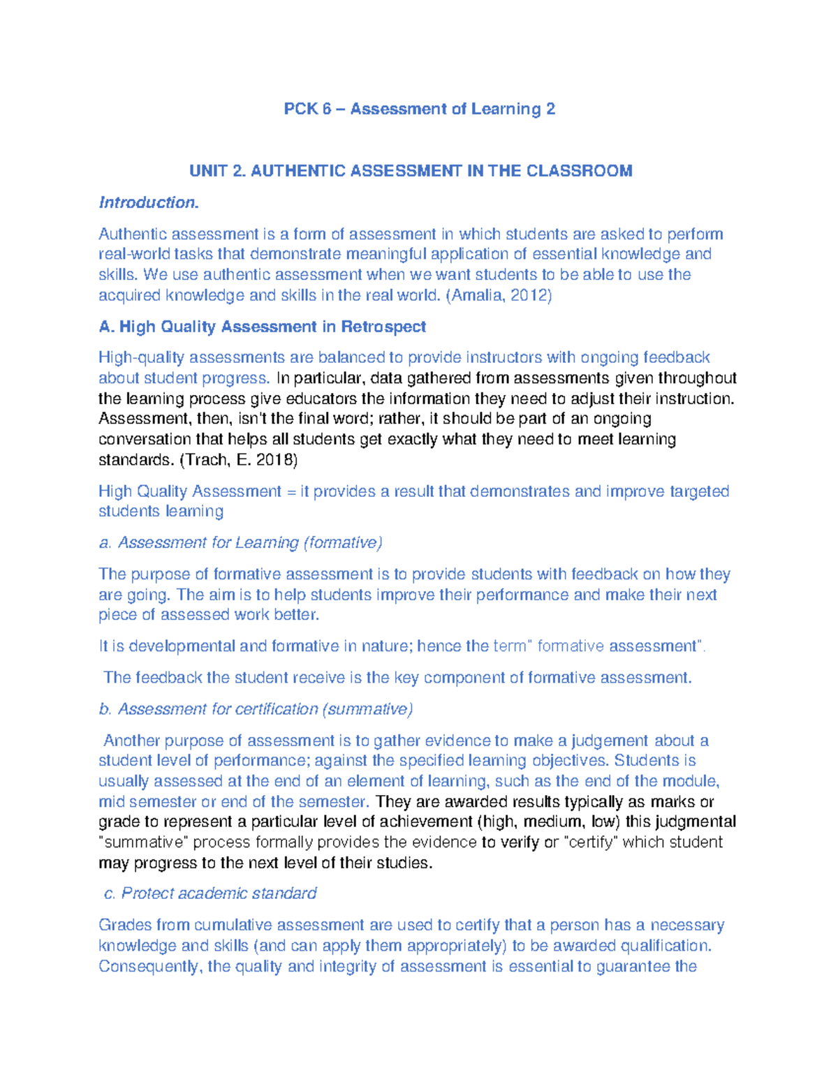 PCK 6 Assessment of Learning 2 Unit 2 - PCK 6 – Assessment of Learning ...