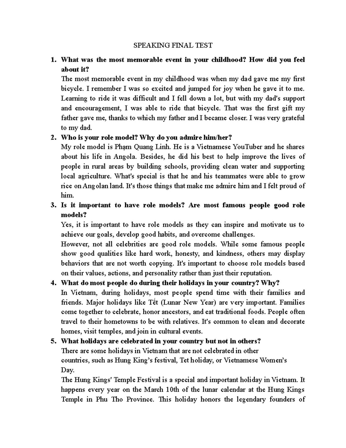 Speaking Final TEST - SPEAKING FINAL TEST What was the most memorable ...
