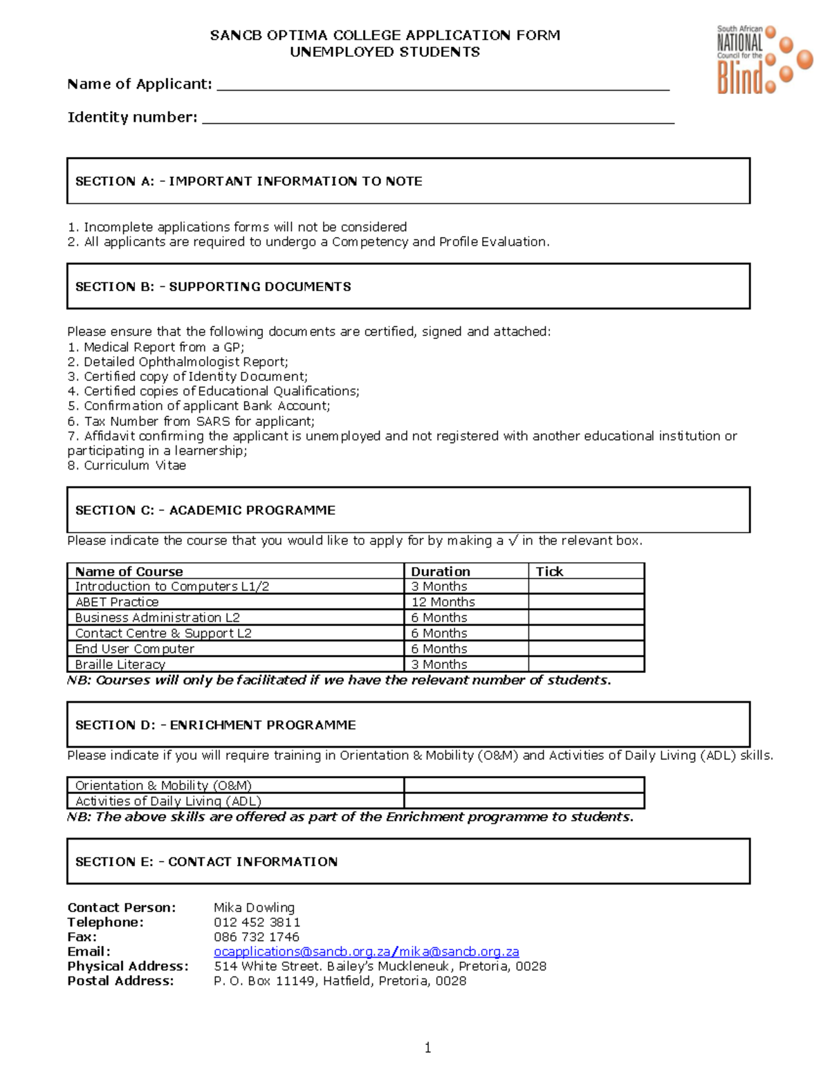 SANCB OPTIMA COLLEGE APPLICATION FORM FOR UNEMPLOYED STUDENTS - Studocu