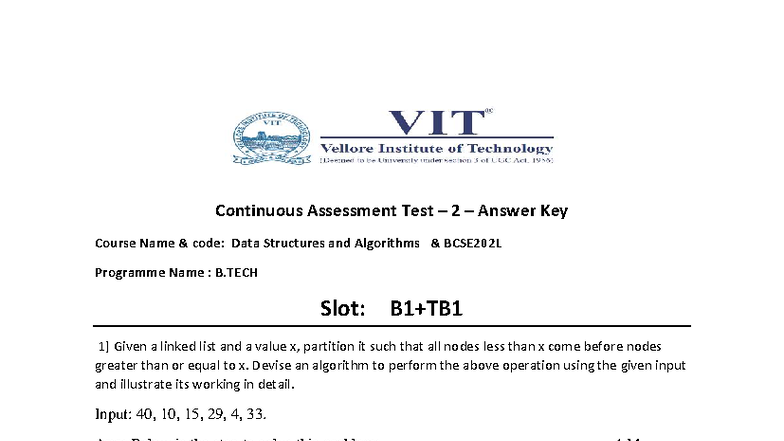 Continuous Assessment Test 2 Answer Key: Data Structures & Algorithms ...