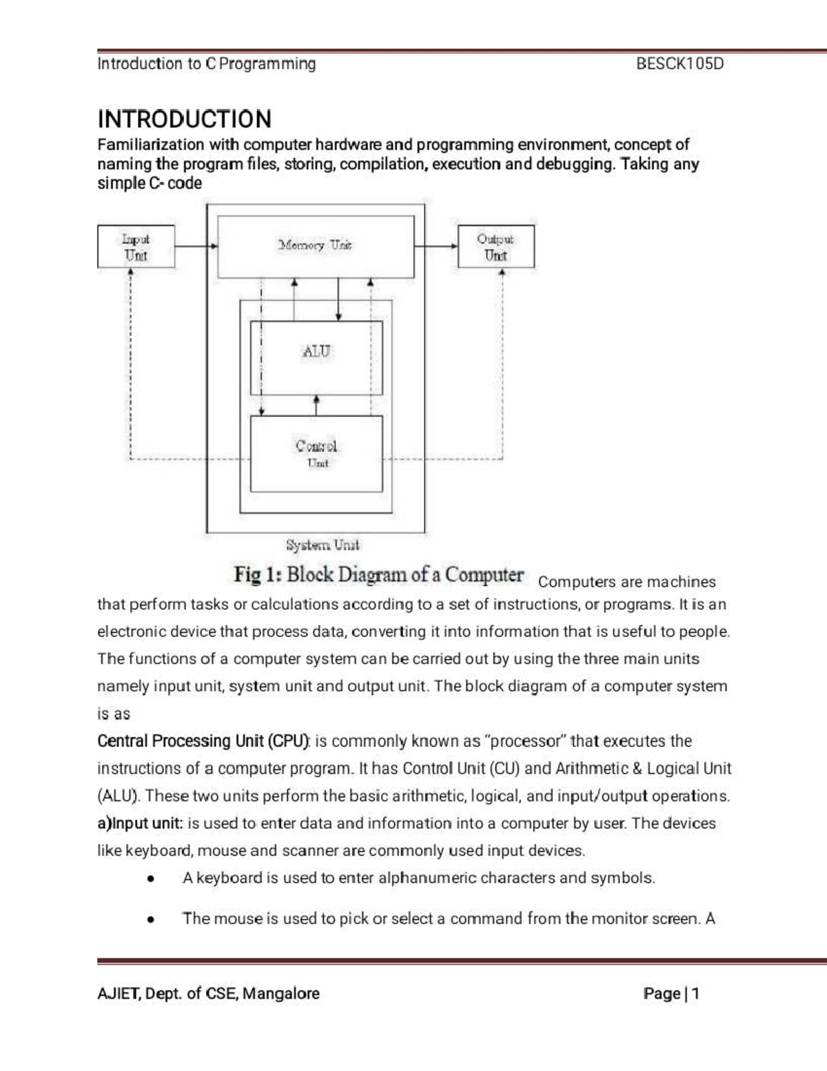 Introduction to C Programming BESCK105D: Concepts and Basics - Studocu