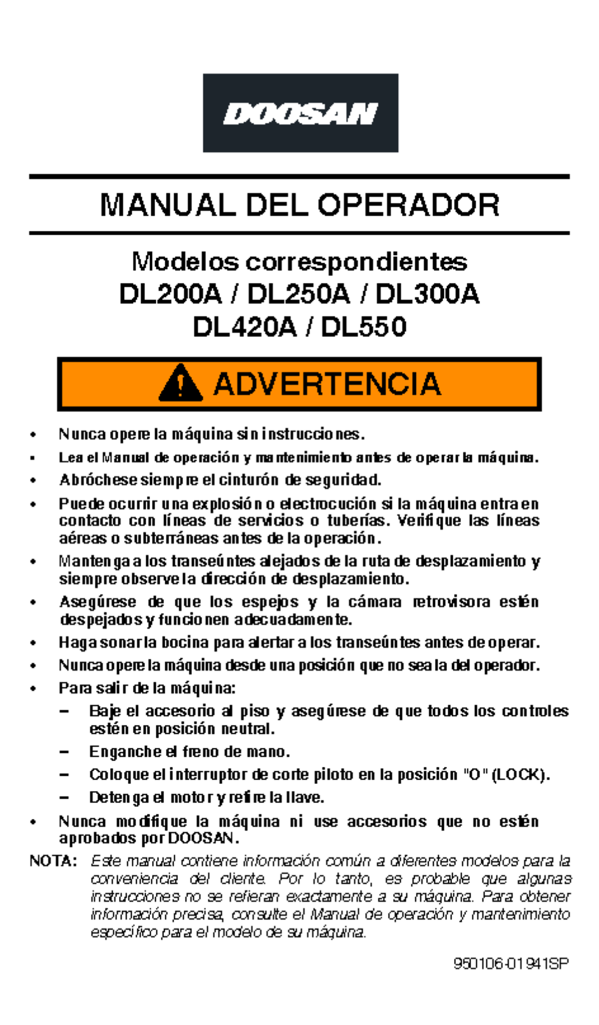 Manual de Operación y Mantenimiento Doosan DL200A-DL550 - Document Preview