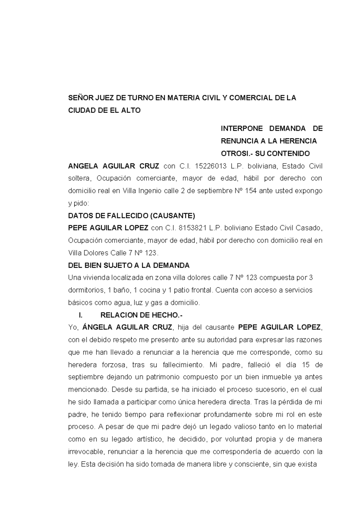 Demanda de Renuncia a la Herencia - Ángela Aguilar Cruz - C.C. 15226013 L. - Document Preview