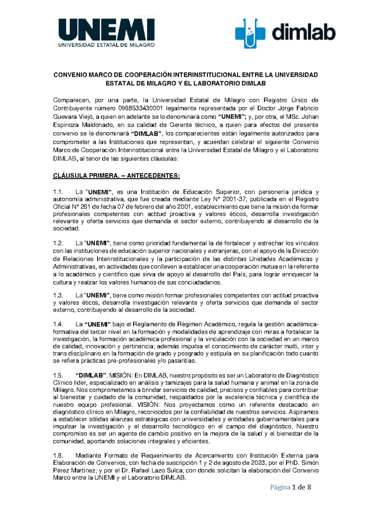 Convenio Marco de Cooperación UNEMI-DIMLAB (2023) - Studocu