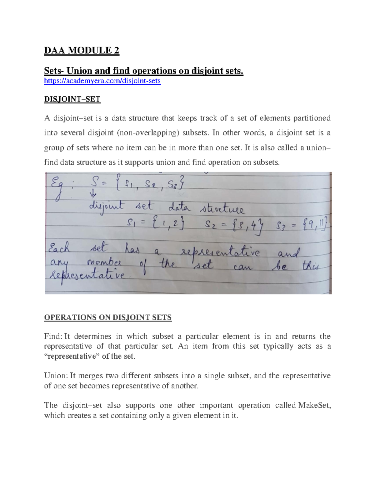 DAA MOD2 Topic 2: Union and Find Operations on Disjoint Sets - Studocu
