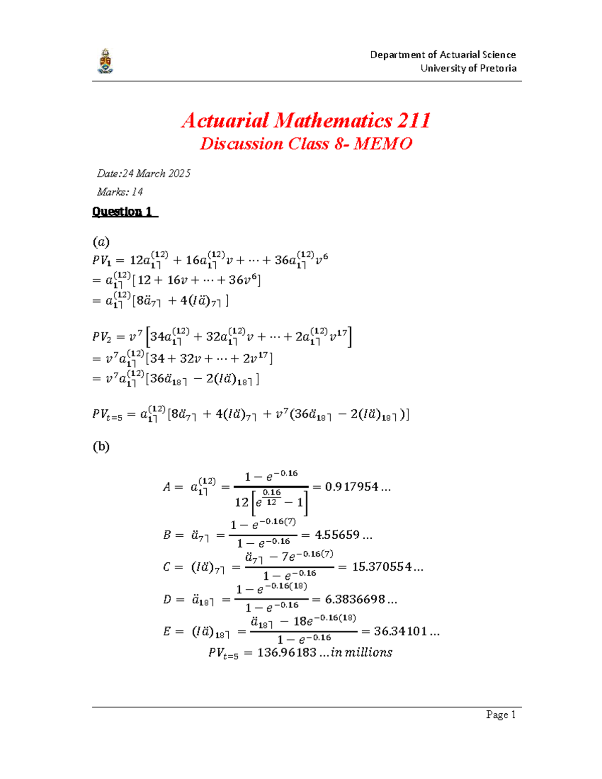Actuarial Mathematics 211 Discussion Class 9 MEMO - March 2025 - Studocu