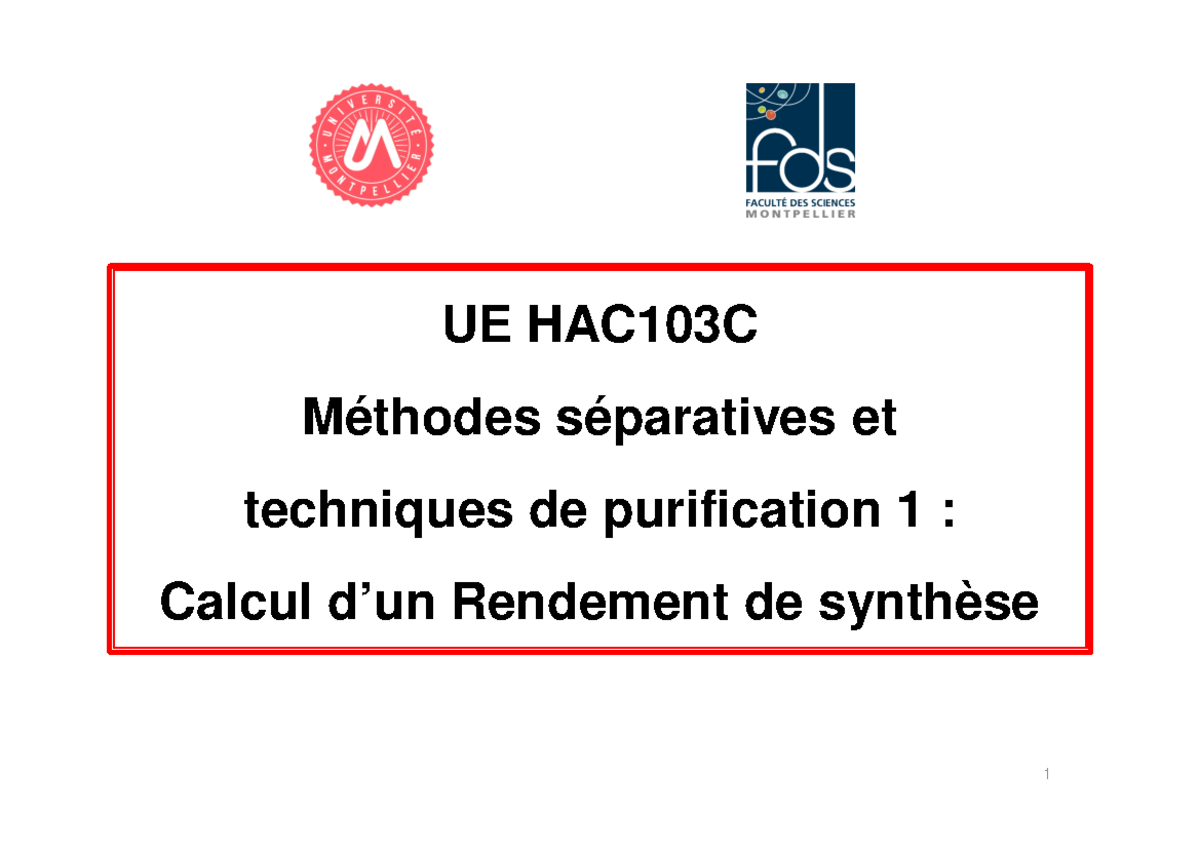 Calcul du Rendement de Synthèse - UE HAC103C - Studocu