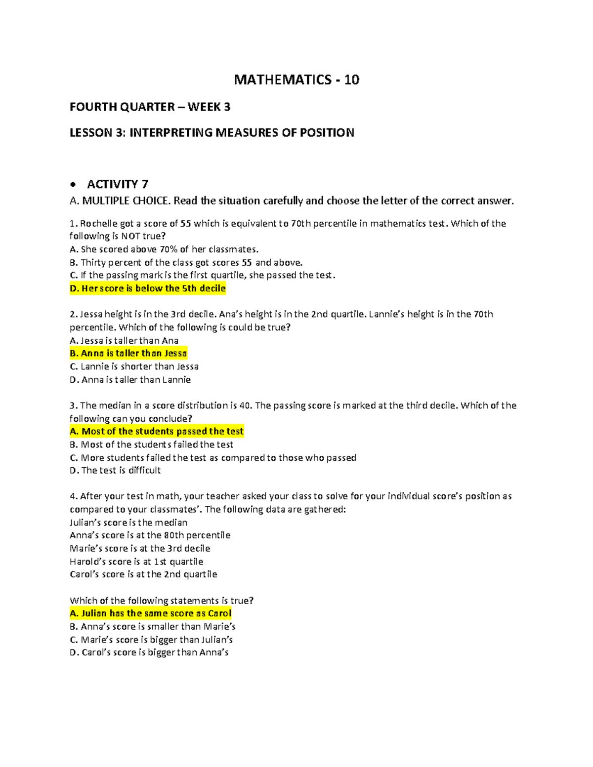 Math (Q4W3) - Lesson on Measures of Position Activities - Studocu