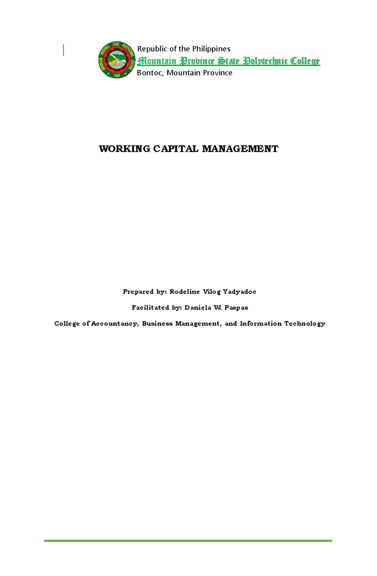 Working Capital Management Module (ACCT 101) - Study Notes - Studocu