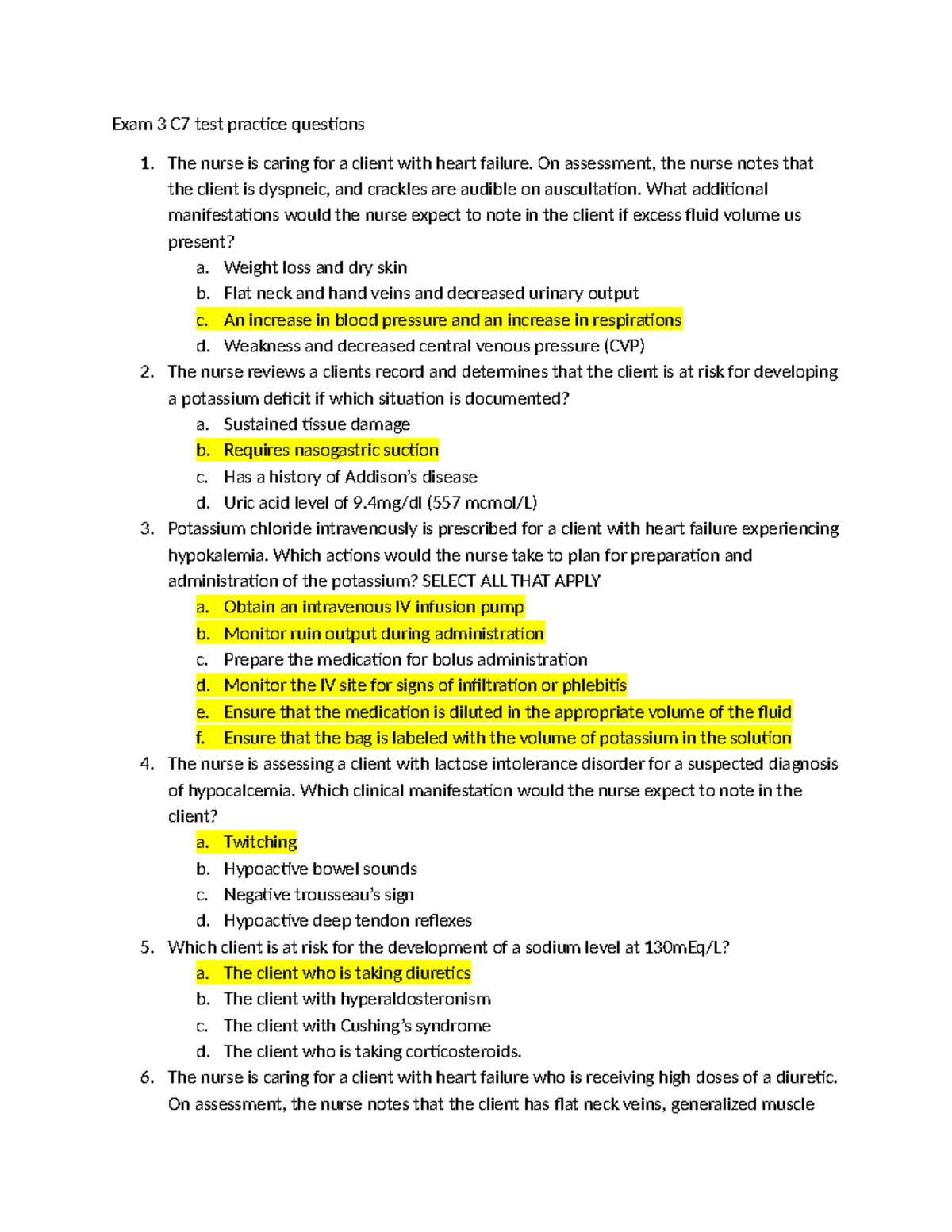 Fluid and Electrolytes Exam 3 C7 Practice Questions - Studocu