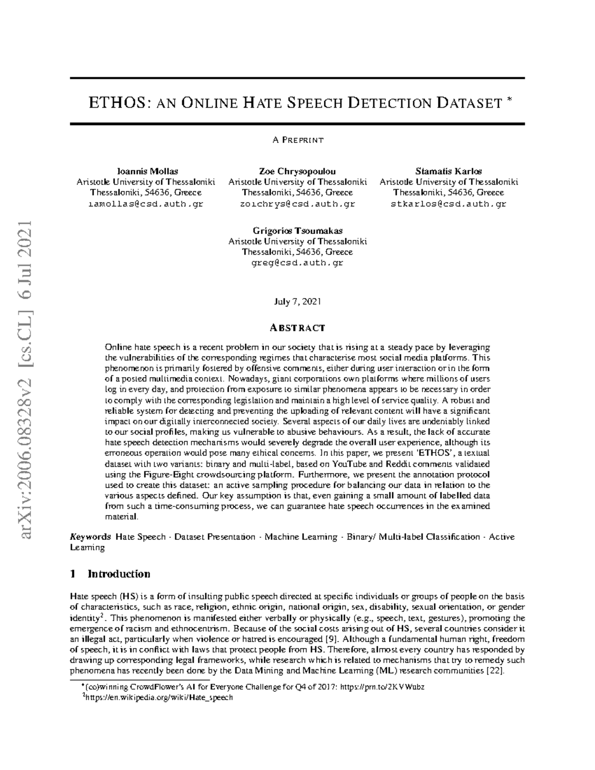 PaperforProject - ETHOS: AN ONLINE HATE SPEECH DETECTION DATASET ∗ A ...