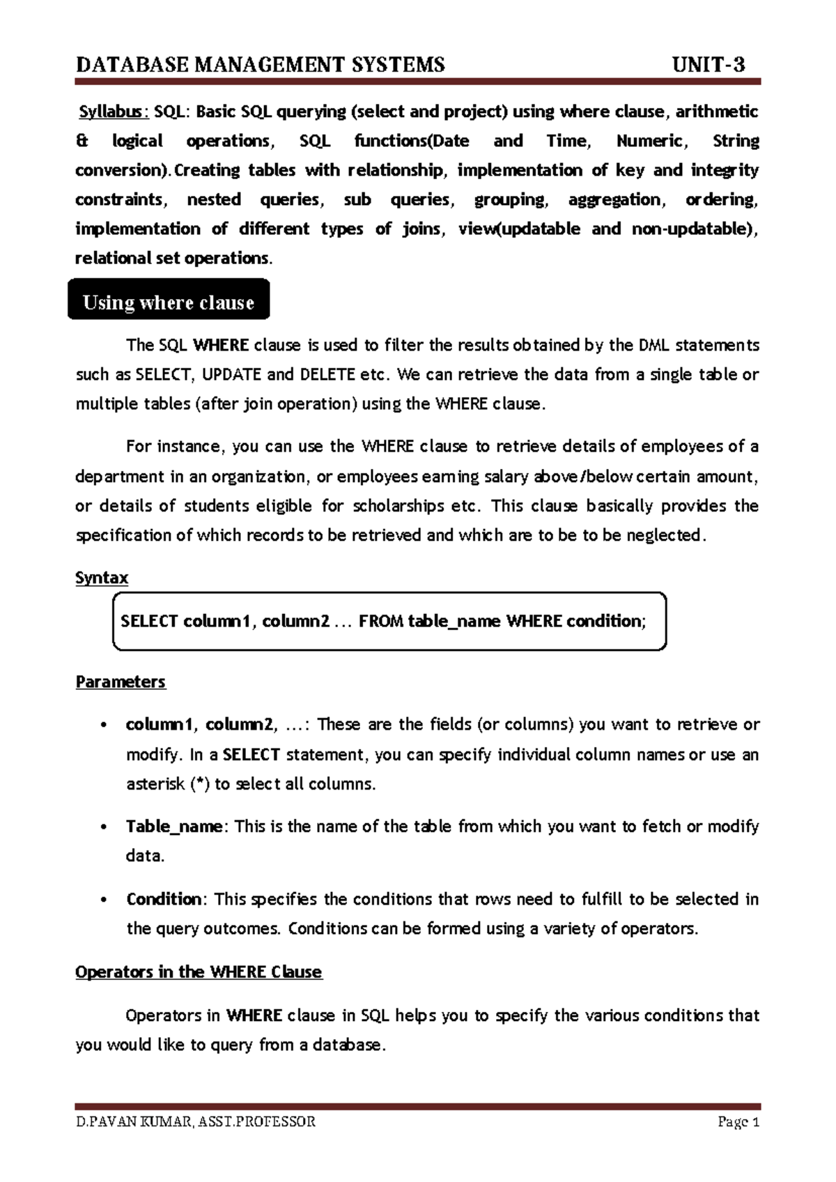 DATABASE MANAGEMENT SYSTEMS Syllabus: SQL Querying Techniques and ...
