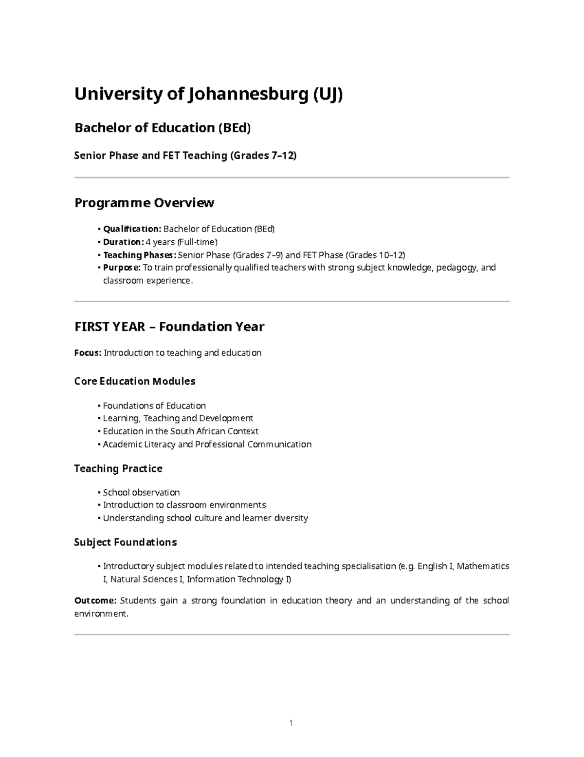 Uj Bed Senior Phase And Fet – Programme Breakdown - University of ...