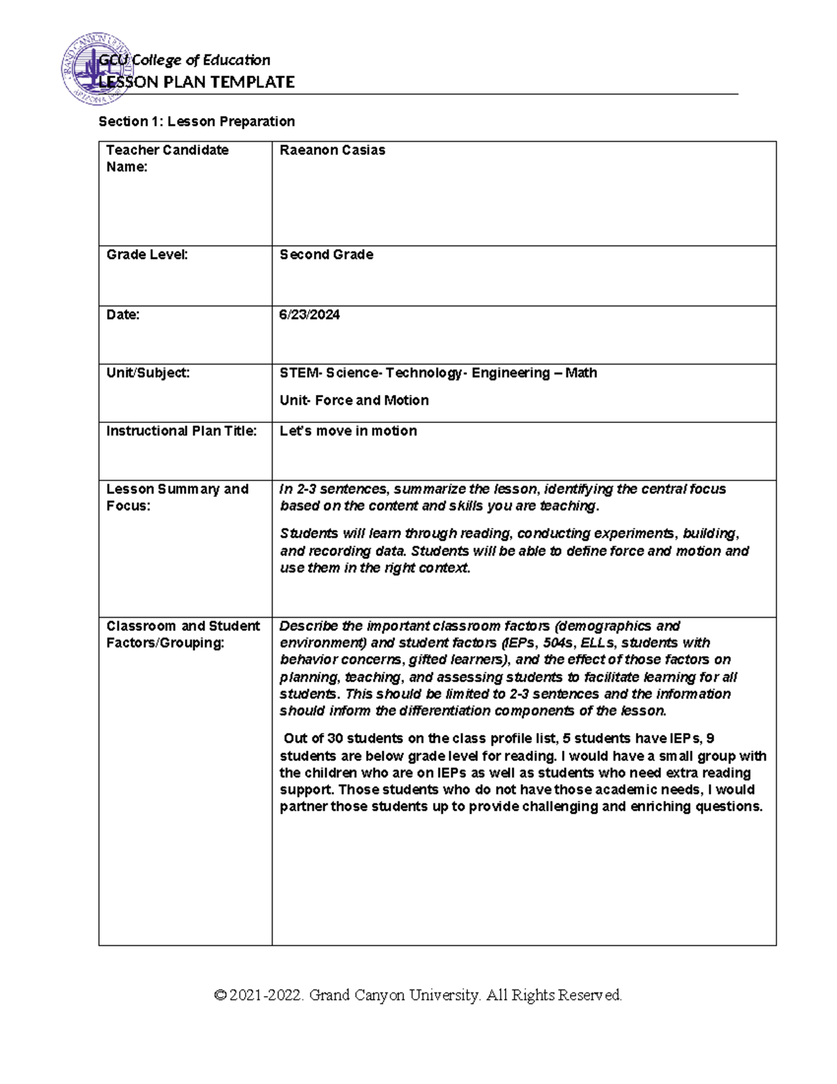 **STEM Lesson Plan for Second Grade: Force and Motion (EDU 101)** - Studocu