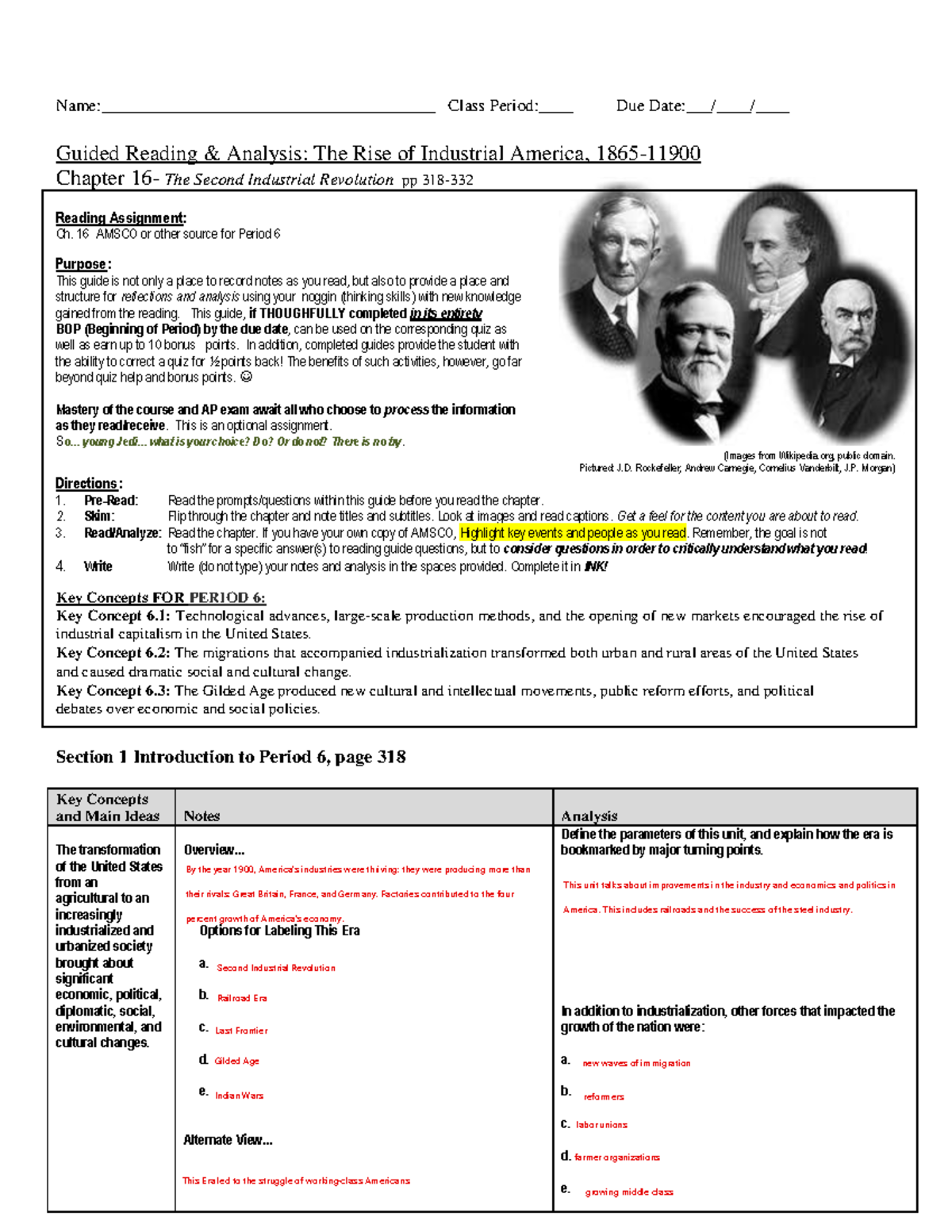 Guided Reading & Analysis: Industrial America 1865-1900 Ch. 16 Notes ...