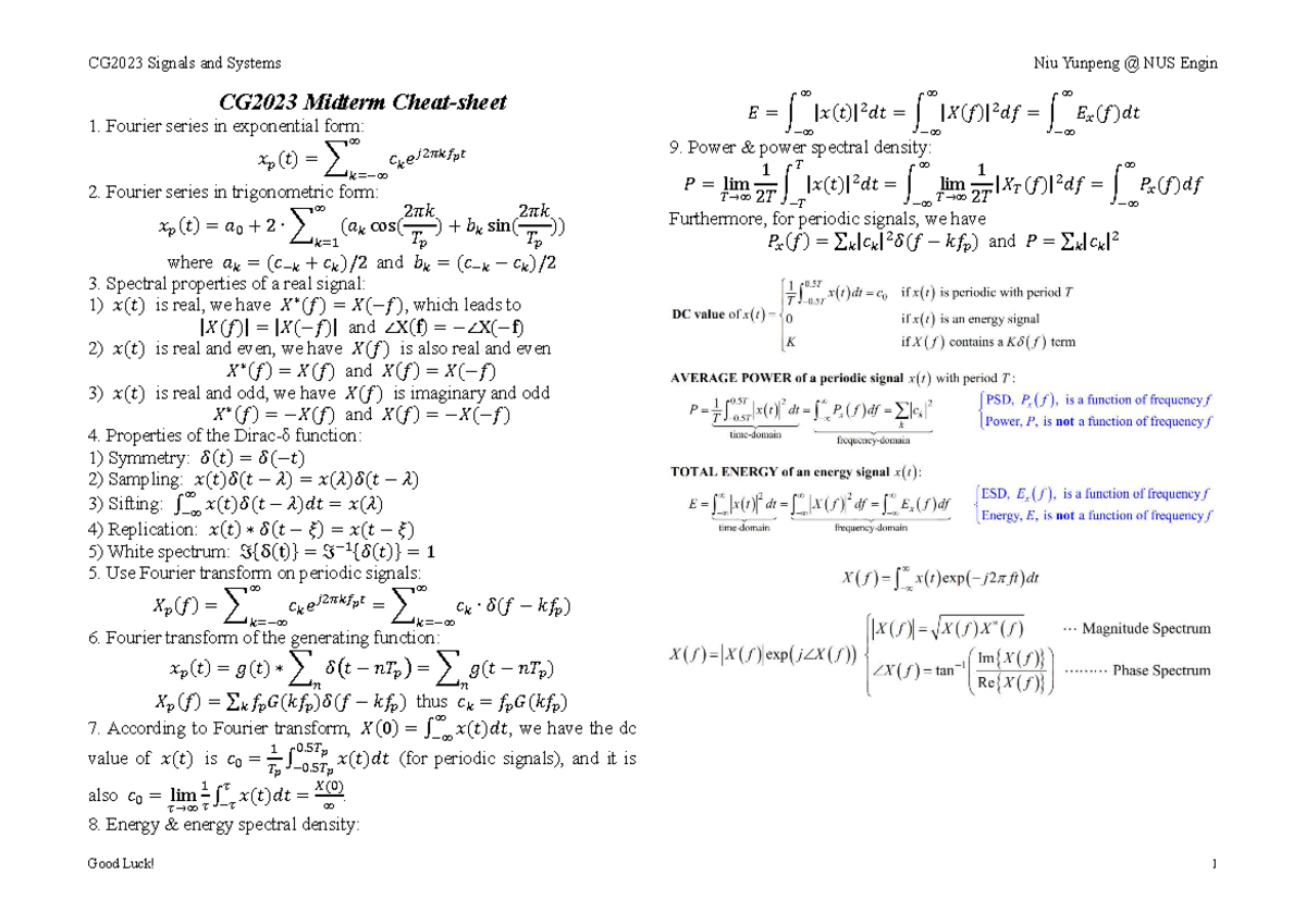 CG2023 Midterm Cheat-sheet for Signals & Systems - Studocu