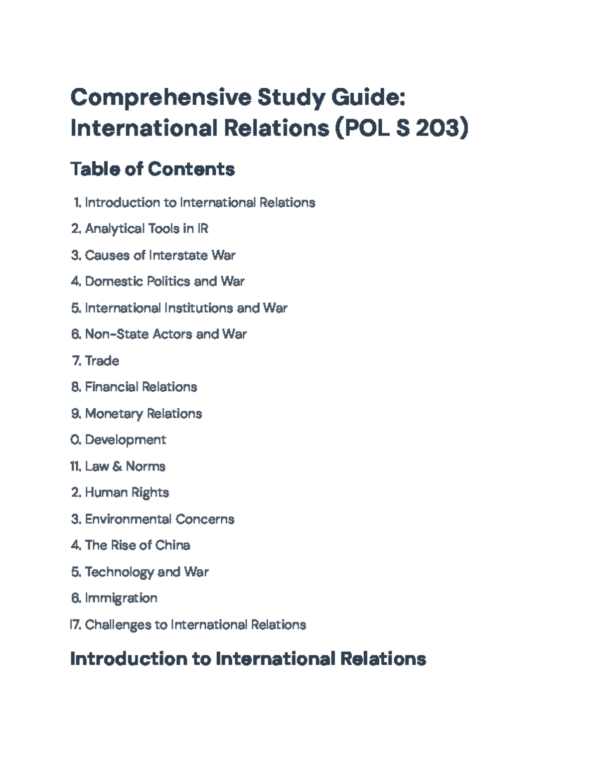 Comprehensive Study Guide for International Relations (POL S 203 ...