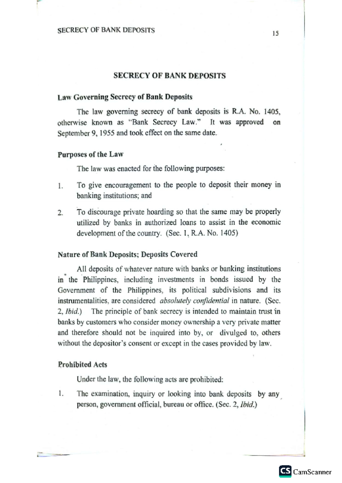 Law Notes on Secrecy of Bank Deposits (R.A. No. 1405) - Studocu