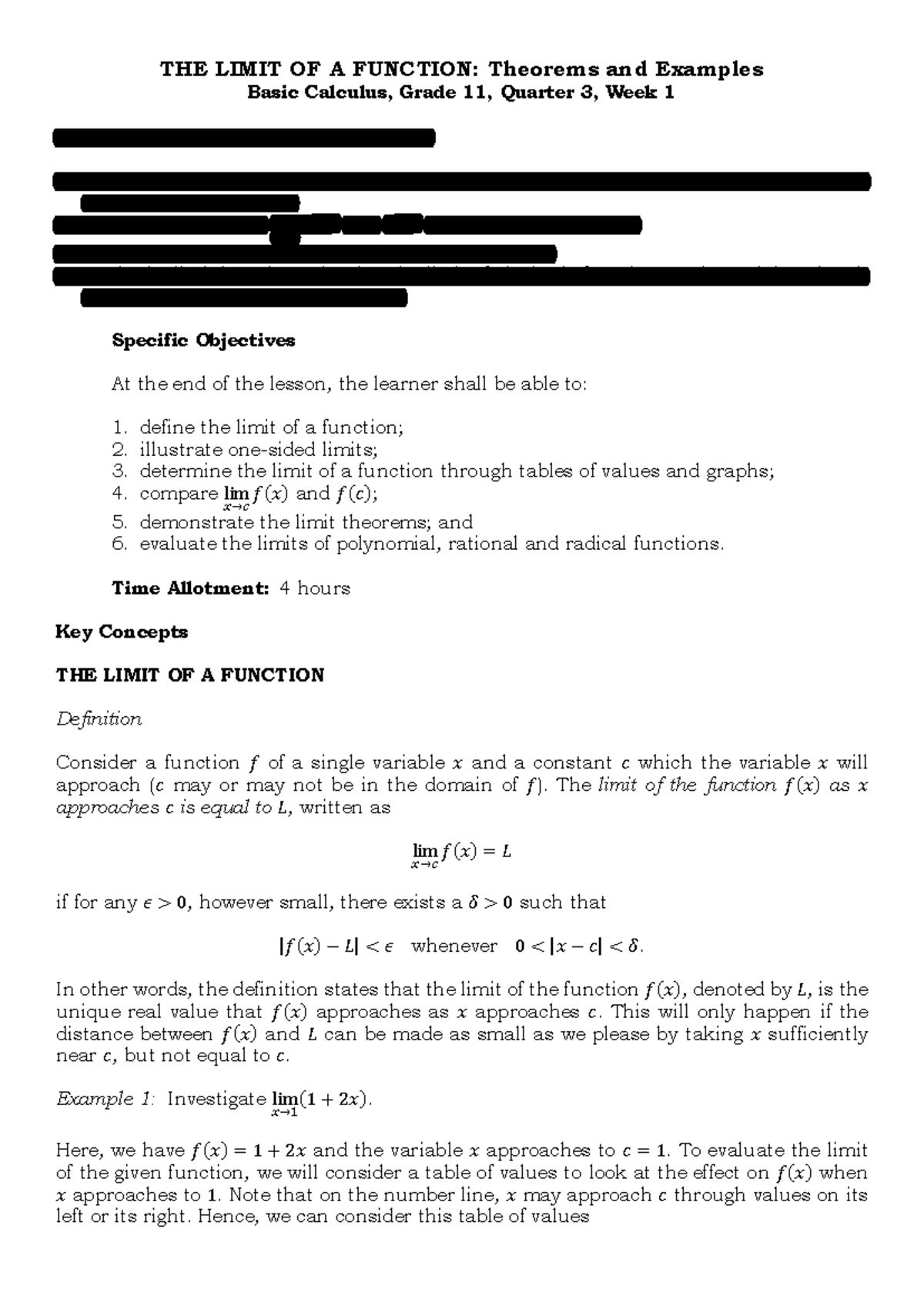Handout - Week 1 - THE LIMIT OF A FUNCTION: Theorems and Examples Basic ...