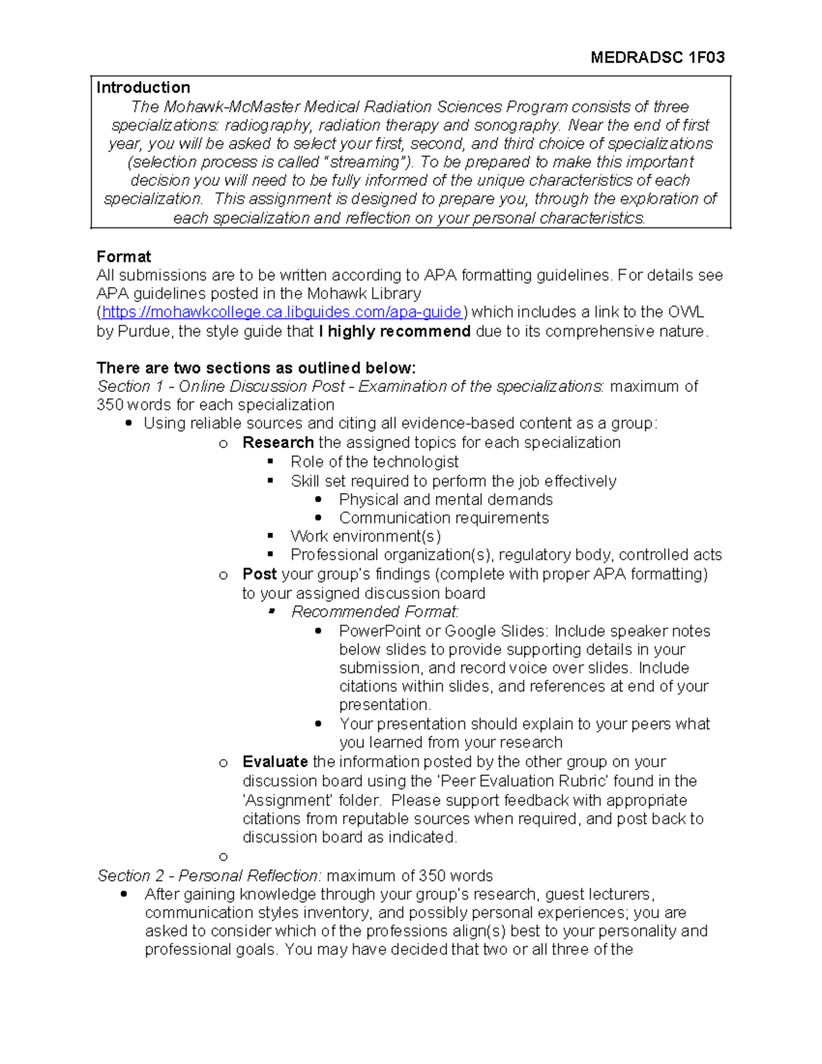 MEDRADSC 1F03 - Exploring Medical Radiation Professions: Assignment ...