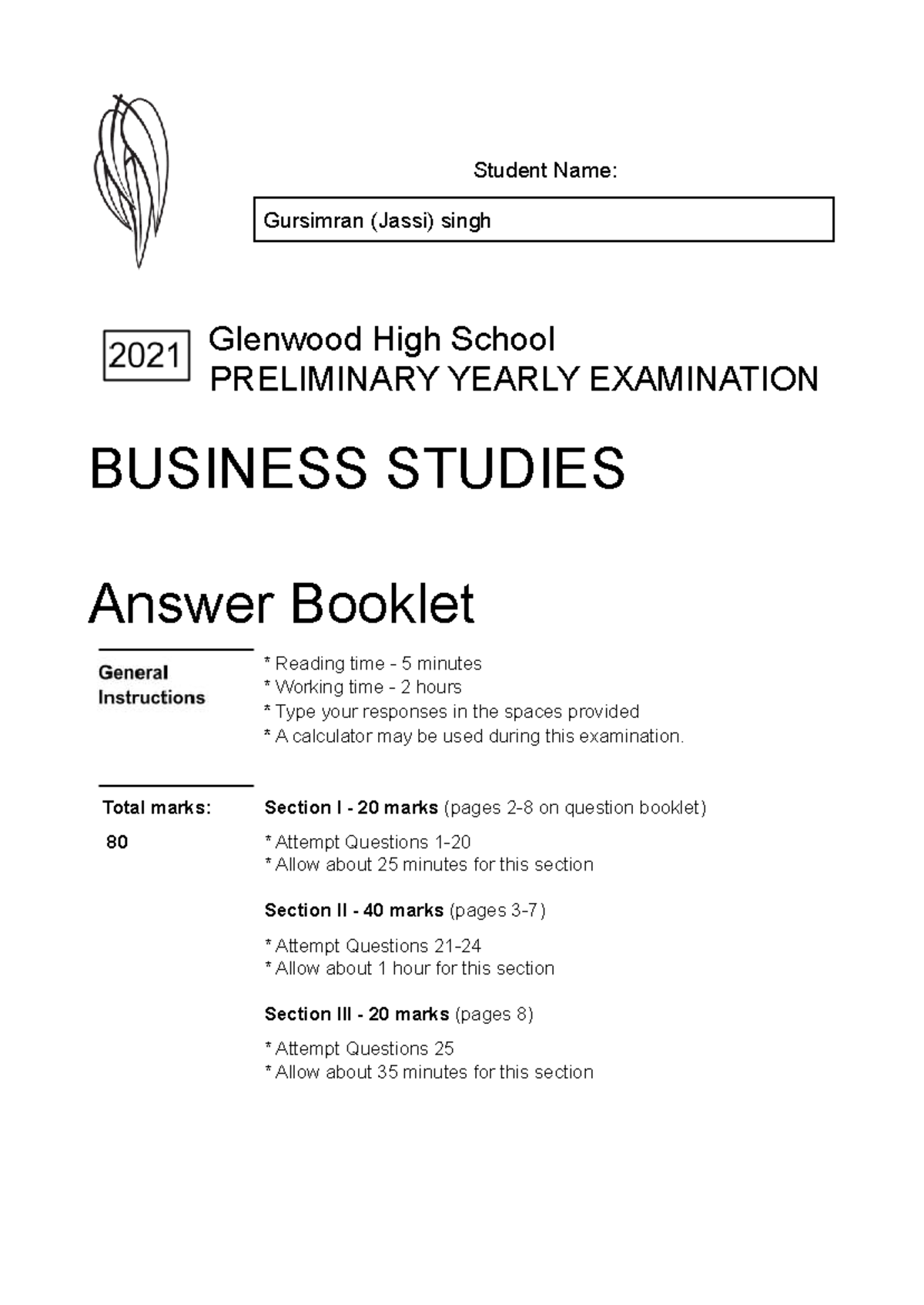 Gursimran Jassi Singh - 2021 Preliminary Business Studies Exam Answers ...