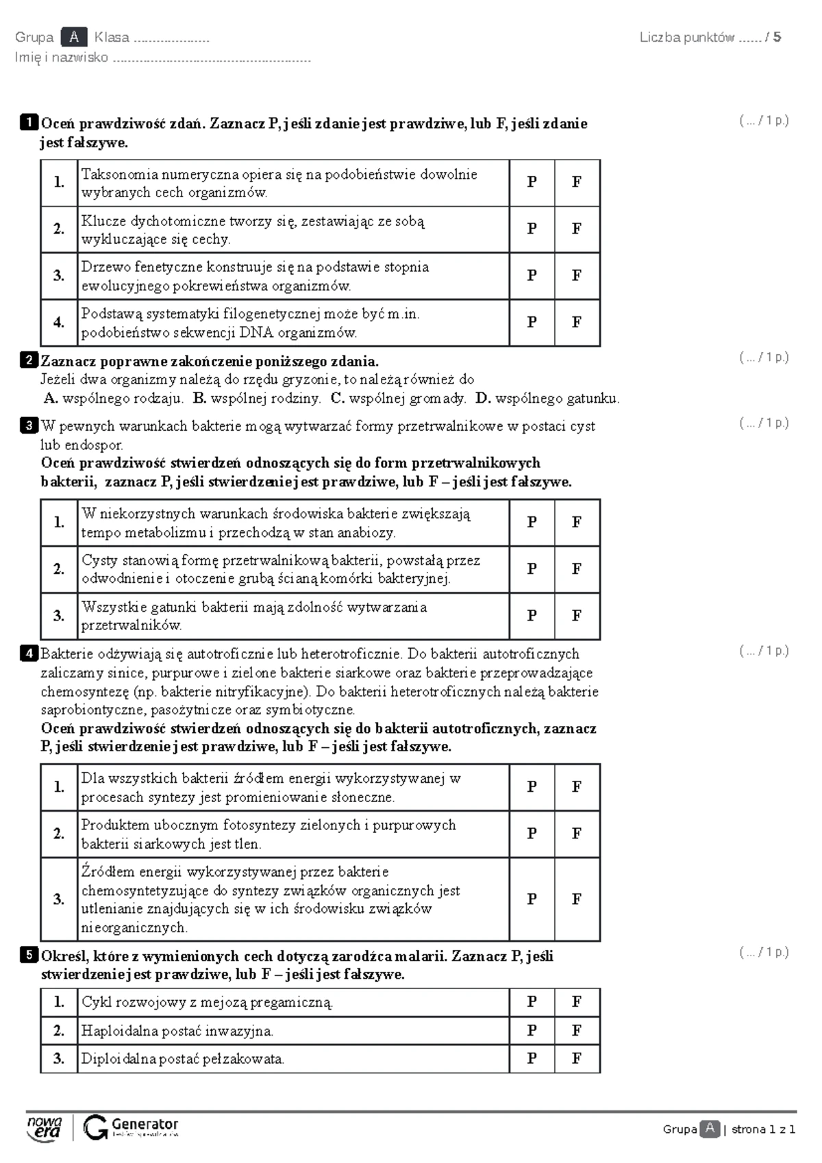 Sprawdzian Z Protistów Klasa 5